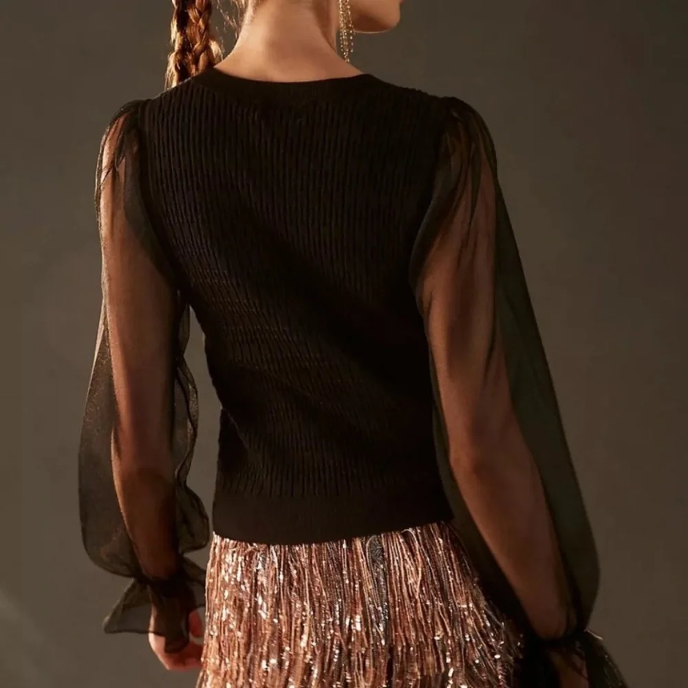 New Anthropologie Maeve Sheer-Sleeve Sweater size M BLACK - Picture 4 of 12